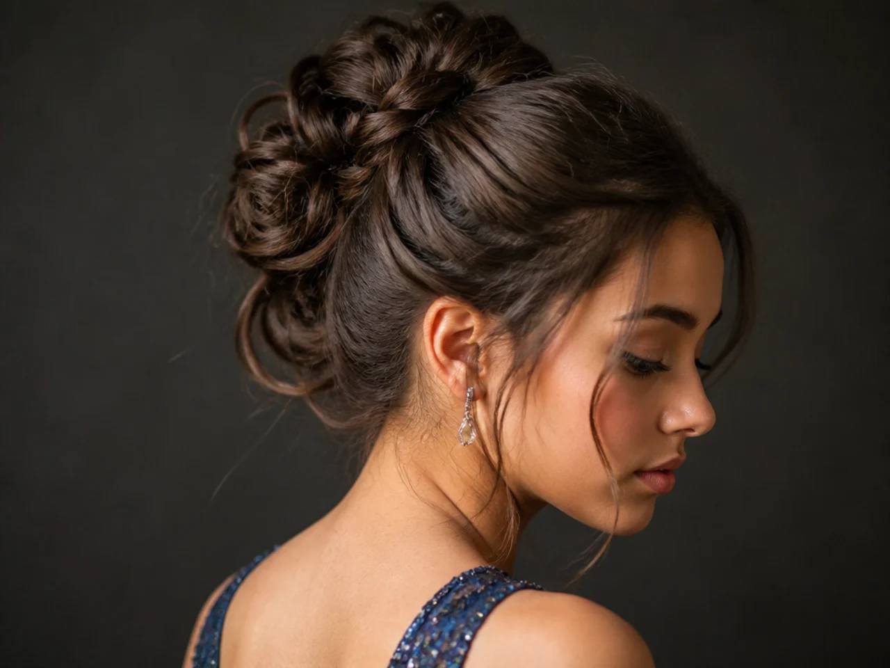 A sculpted updo on medium hair photographed against a dark background with a clear outline