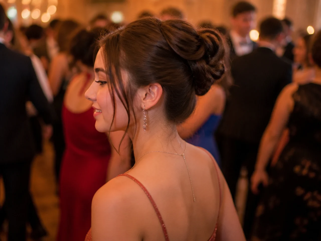 An updo keeping medium hair completely off the neck on a busy dance floor