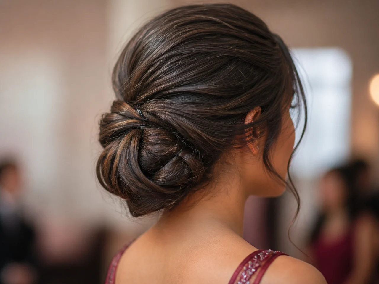 Thick medium length hair gathered into a large low bun with visible pins