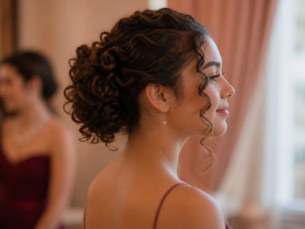 A curly medium length updo with the curl pattern visible in the gathered shape