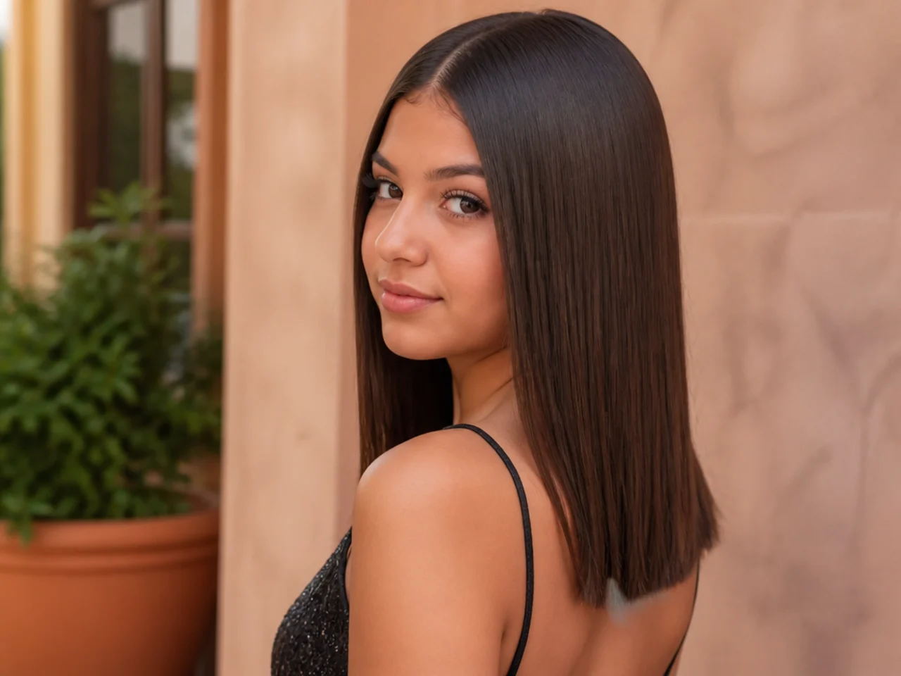 Sleek straight medium length hair worn down with a high shine finish