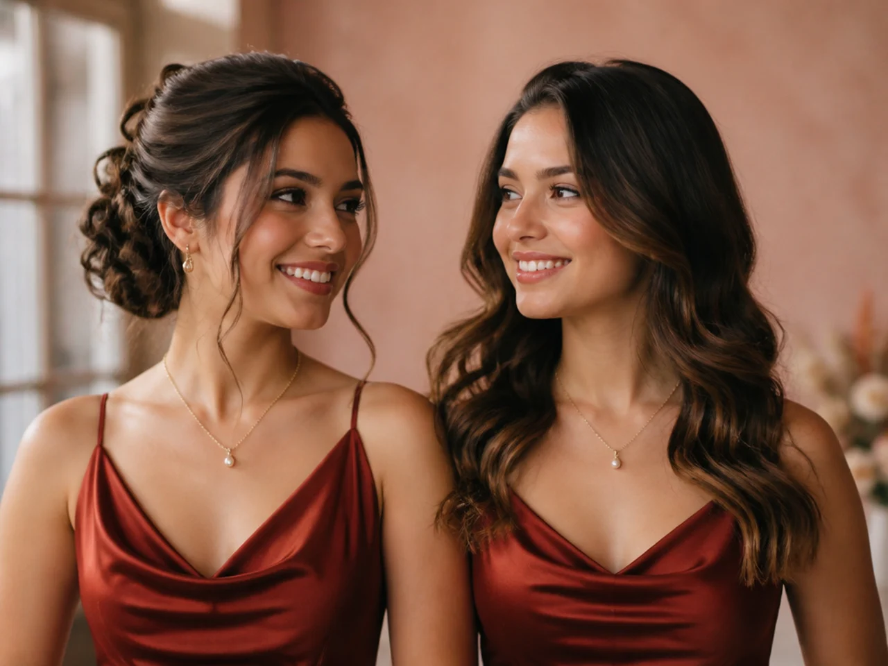 A dress neckline held against medium length hair worn up and then worn down to compare