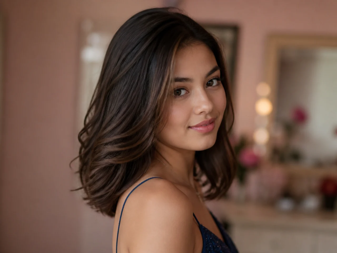 Three-quarter view of finished medium length homecoming hair worn down with a soft bend