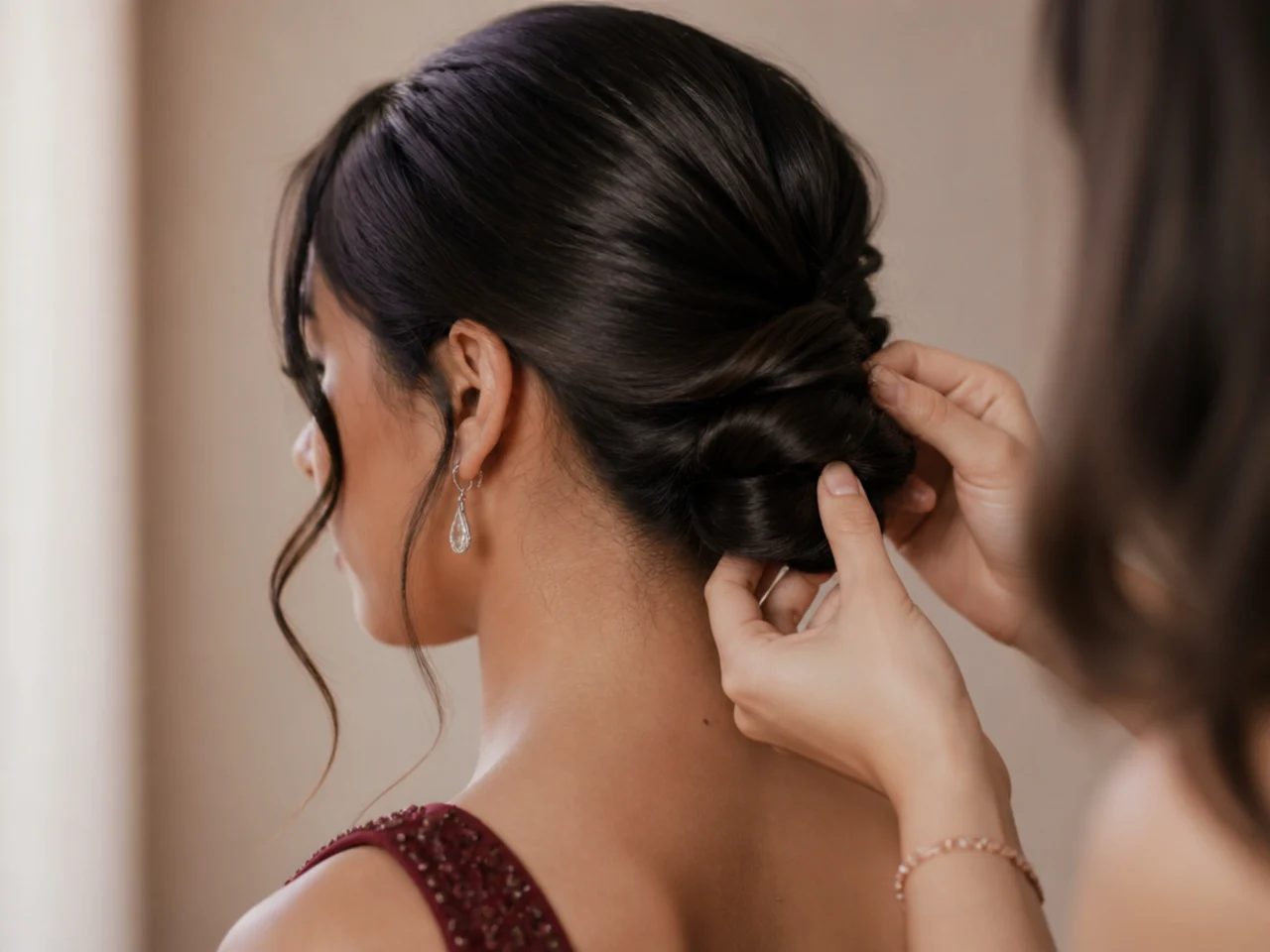 Collarbone length hair being folded into a low chignon with the ends tucked out of sight