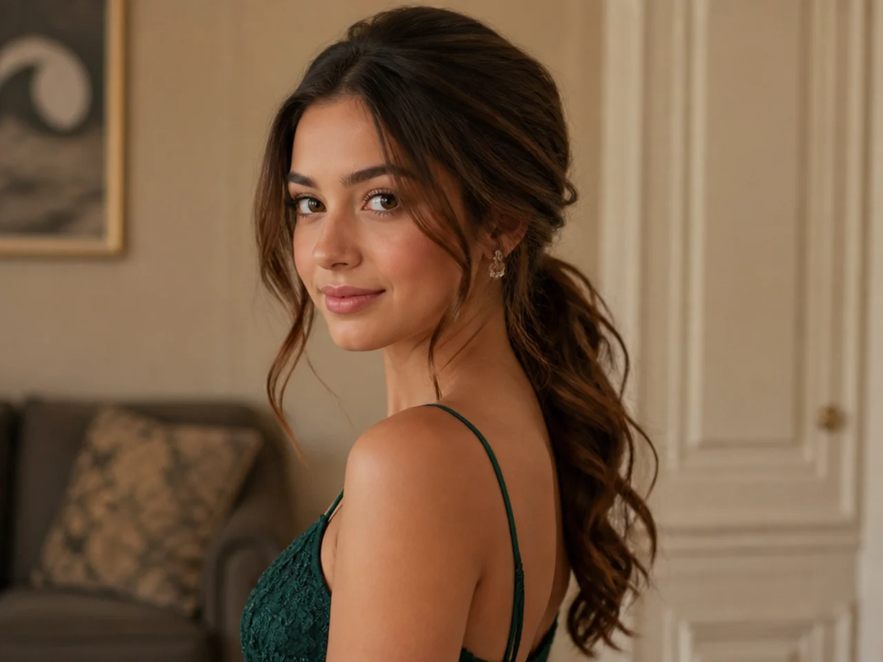 A softly textured low ponytail with loose pieces around the face