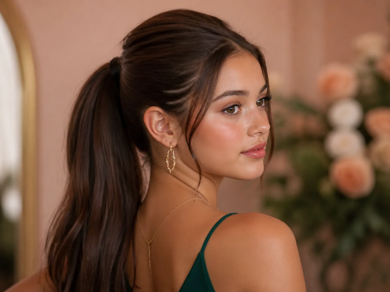 A ponytail with lifted volume at the crown and a smooth tail