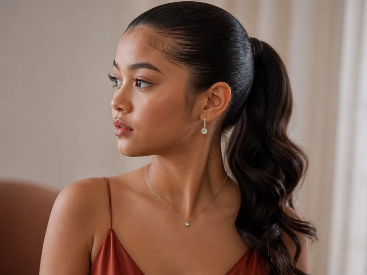 A slicked back ponytail with a wet look finish at the front