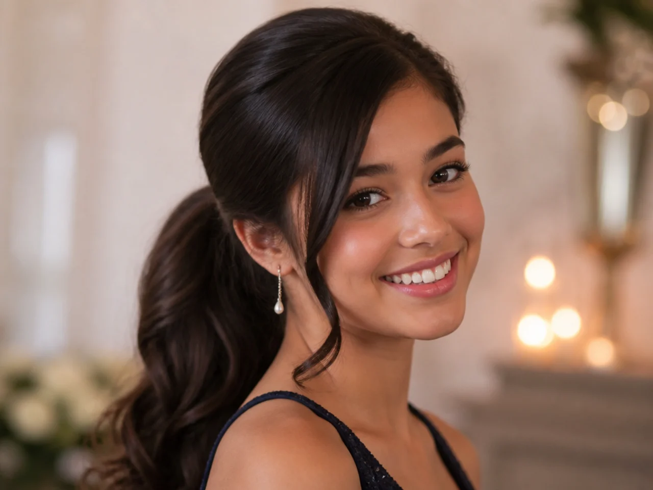 A ponytail with a deep side parting sweeping across the forehead
