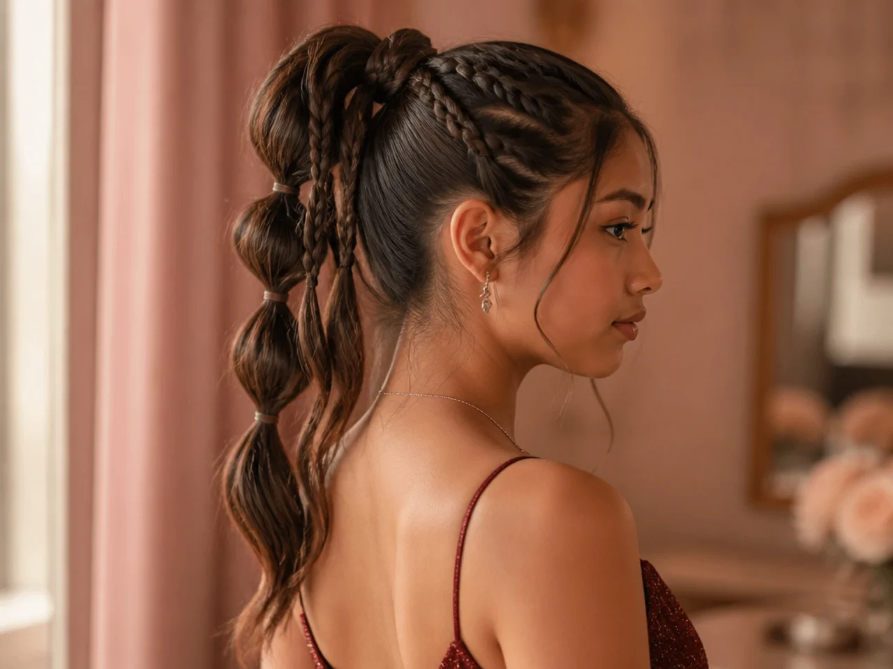 A ponytail alternating bubble sections and short braids