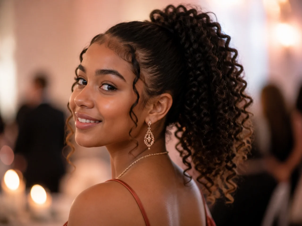 A high ponytail of defined natural curls
