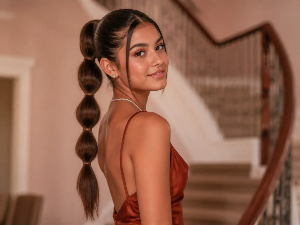A bubble ponytail with evenly spaced sections down the length
