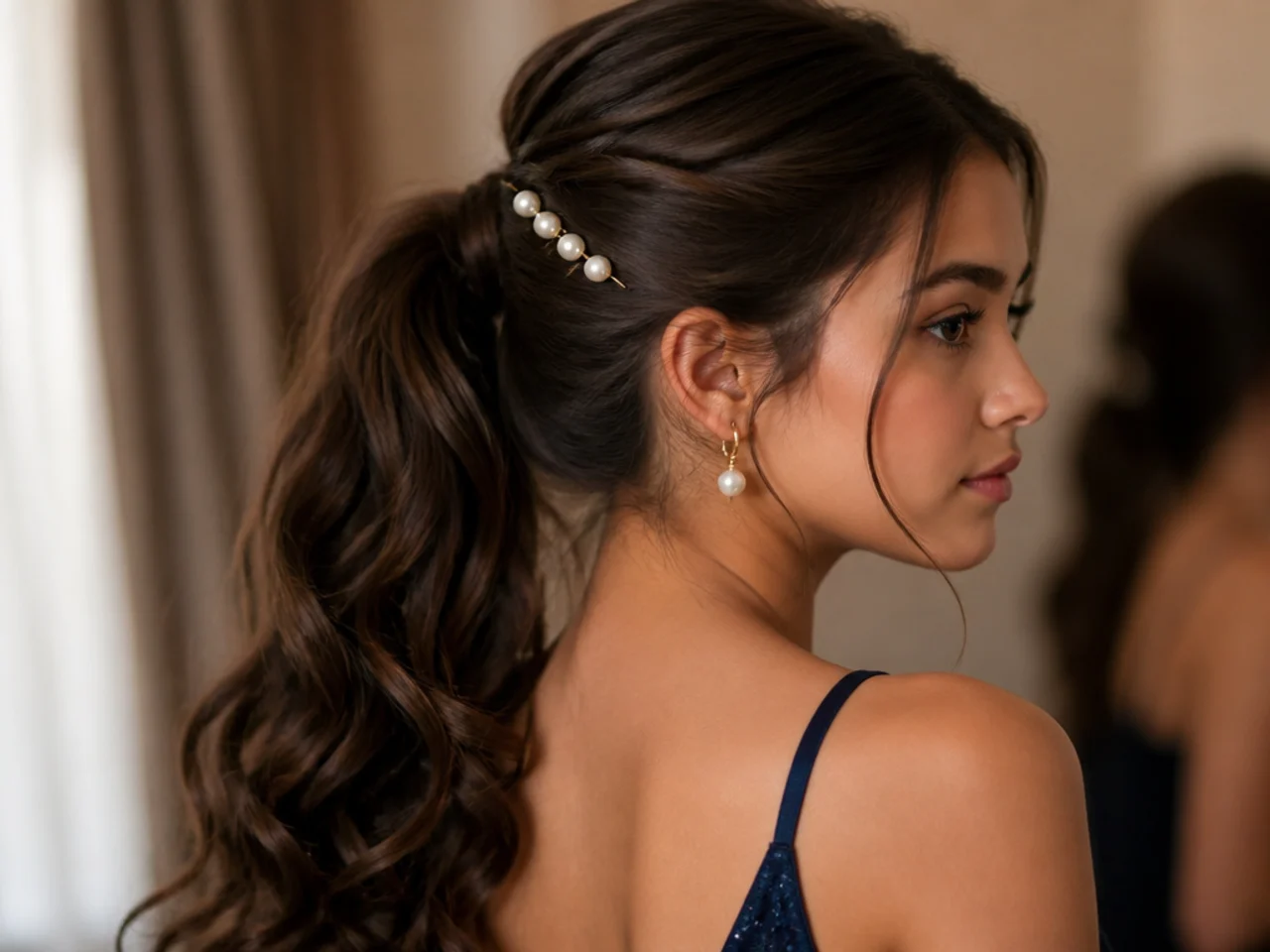 A ponytail with pearl pins set in a line along the sweep