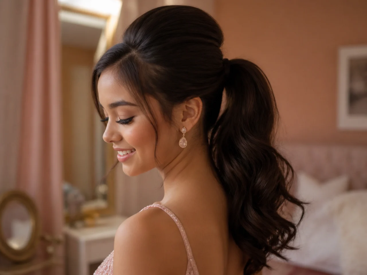 A ponytail with a tall smooth bouffant across the top