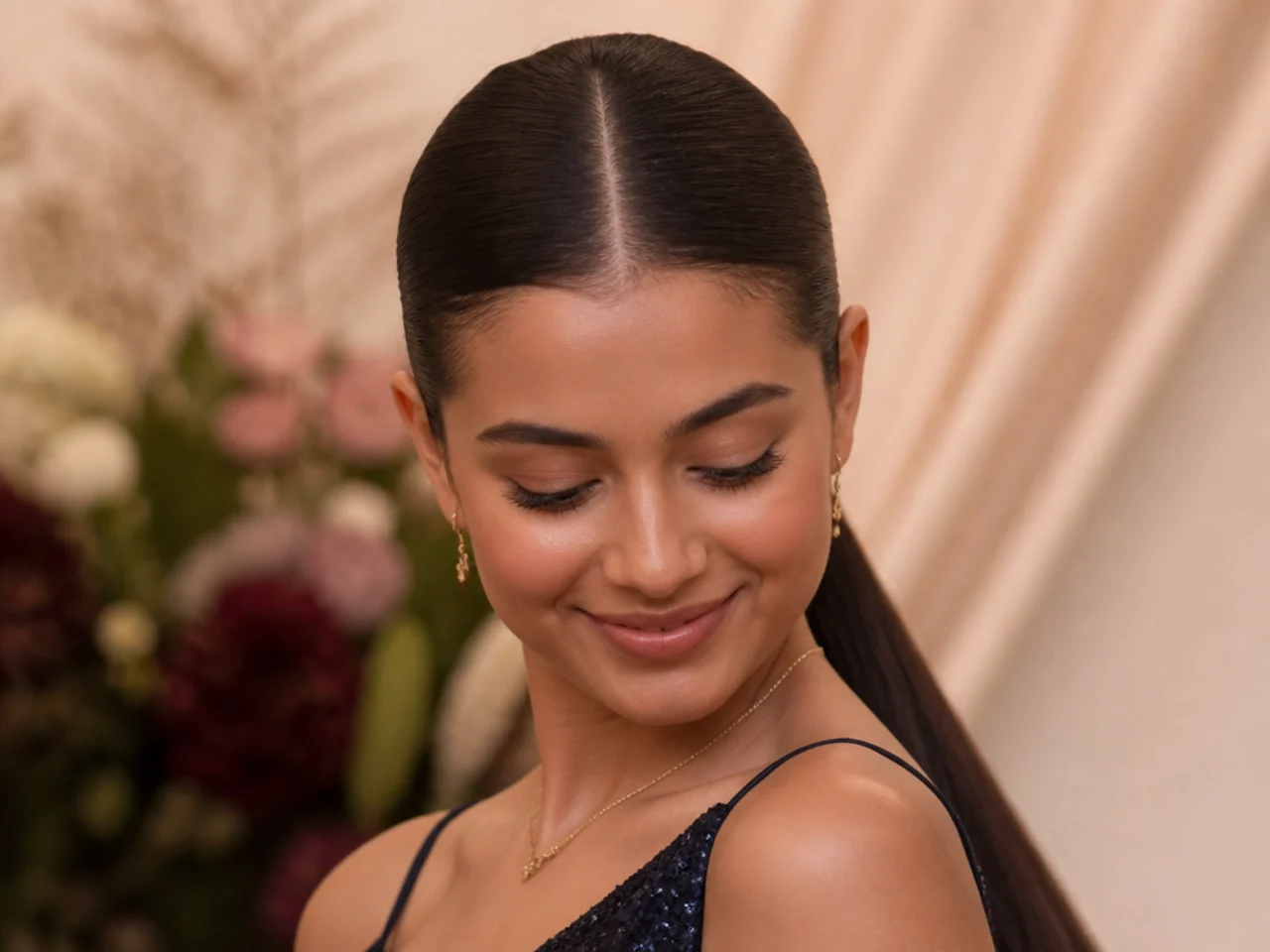A centre parted sleek ponytail with both sides brushed flat