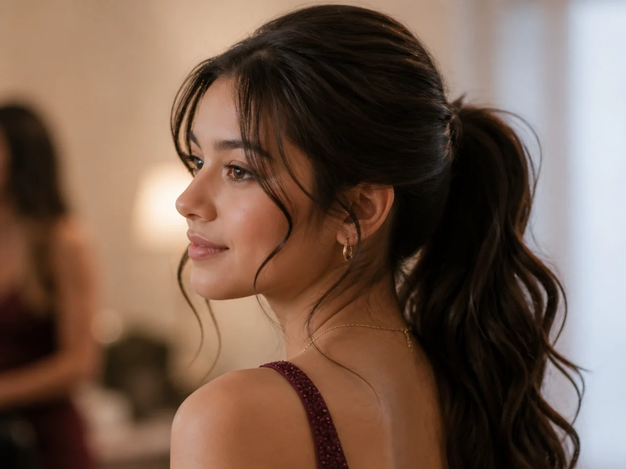 A softly tousled ponytail with pieces pulled loose at the hairline