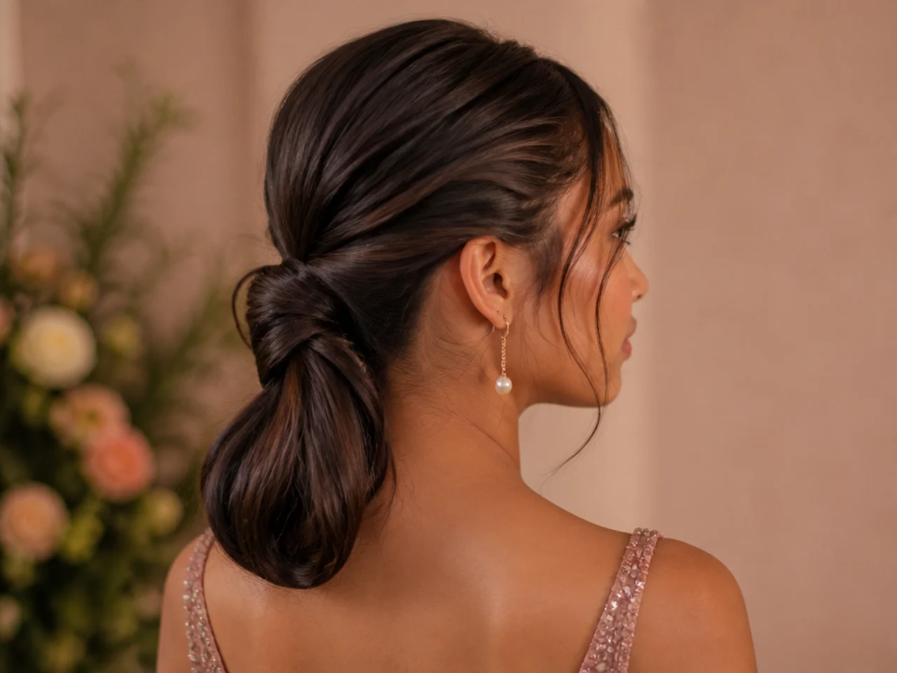 A low ponytail looped into a soft curve at the nape