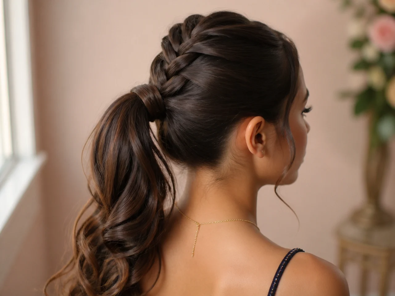 A ponytail with a braid running up the back of the head into the base