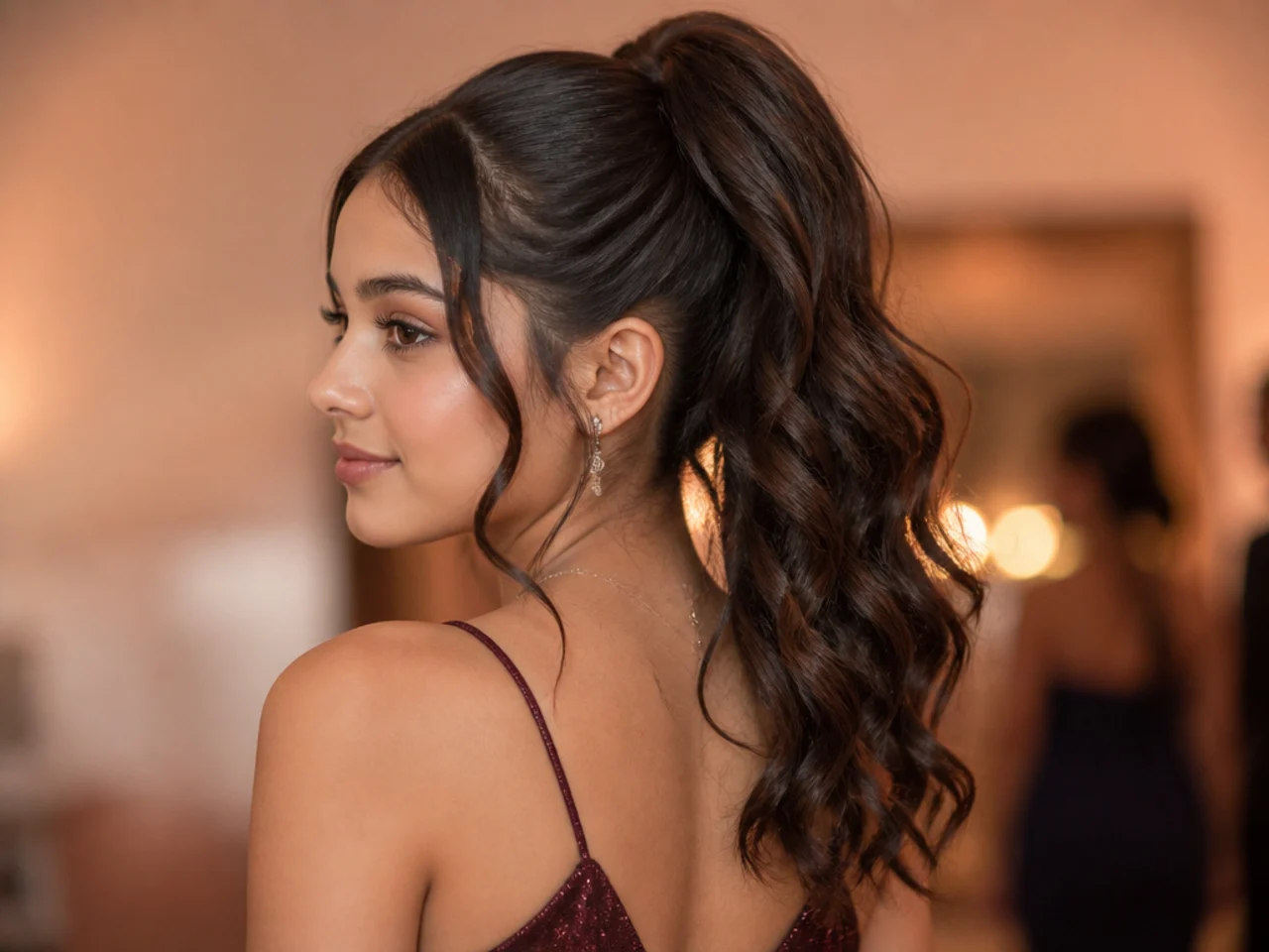 A high ponytail with the tail curled into loose waves