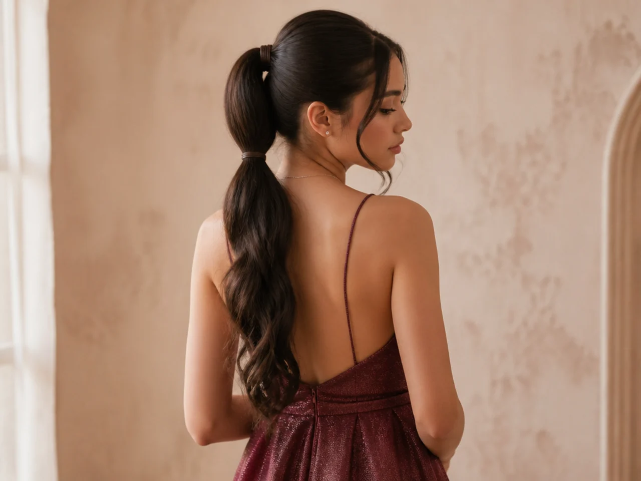 Two stacked ponytails blended to look like one long tail