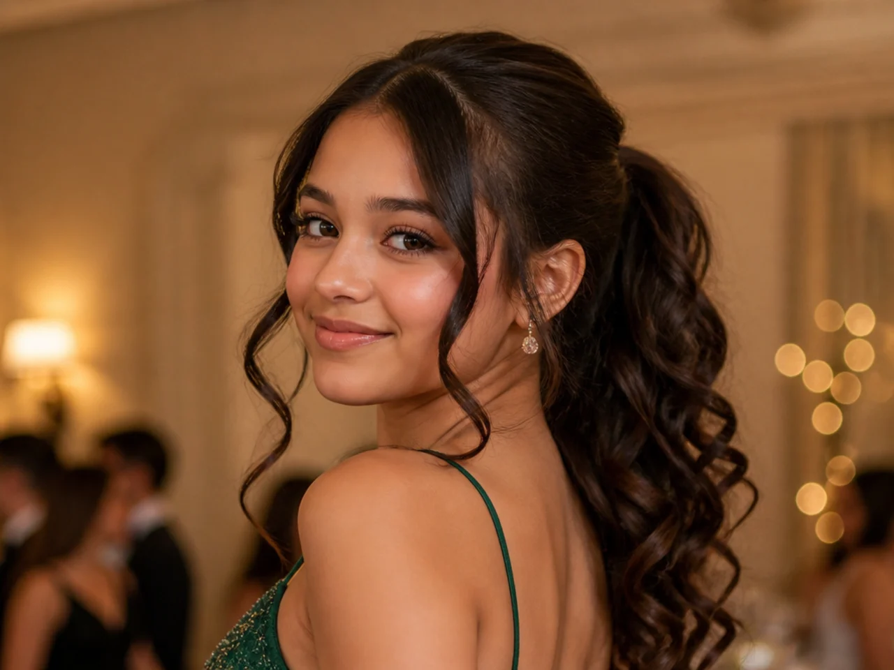 A ponytail with two curled pieces left loose at the front