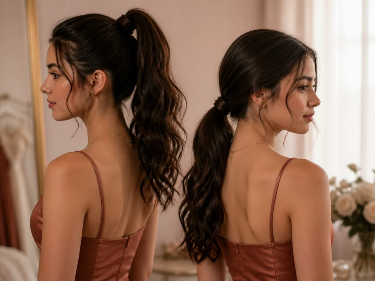 Two ponytail heights compared on the same person