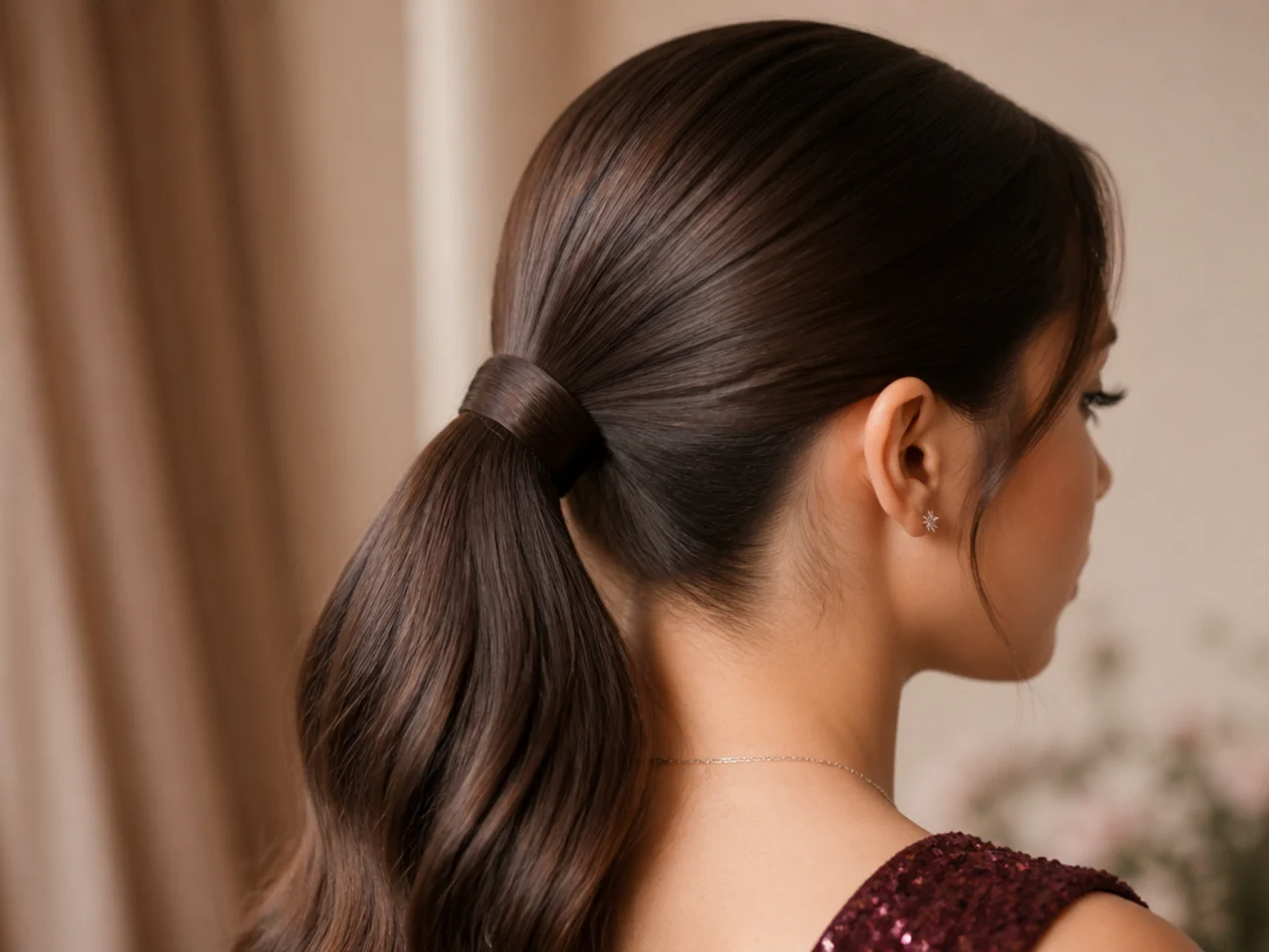 Close view of a smooth ponytail base with no visible elastic