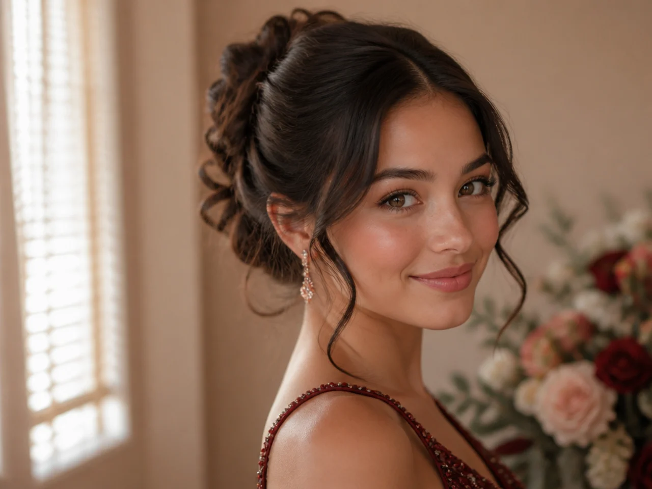 Two soft pieces pulled loose at the temples in front of an updo