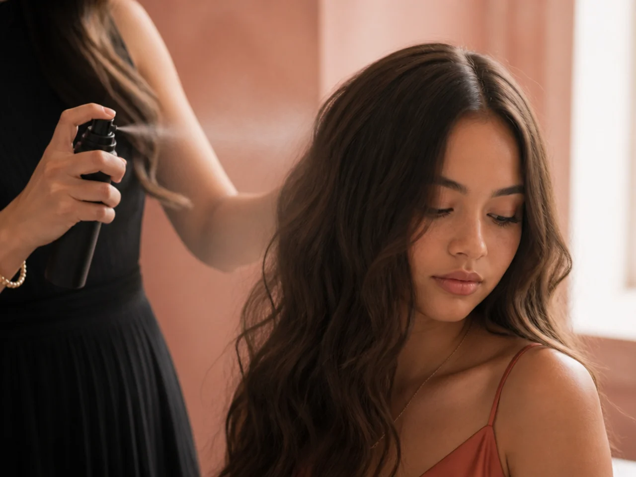 Texture spray being applied through dry hair before any styling starts