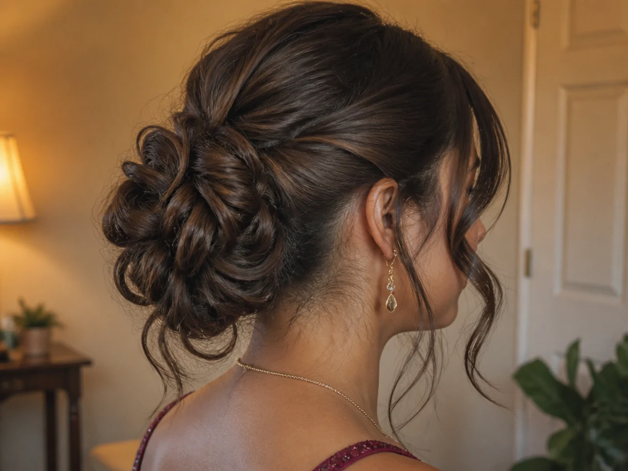 A finished updo photographed on a phone under warm evening light