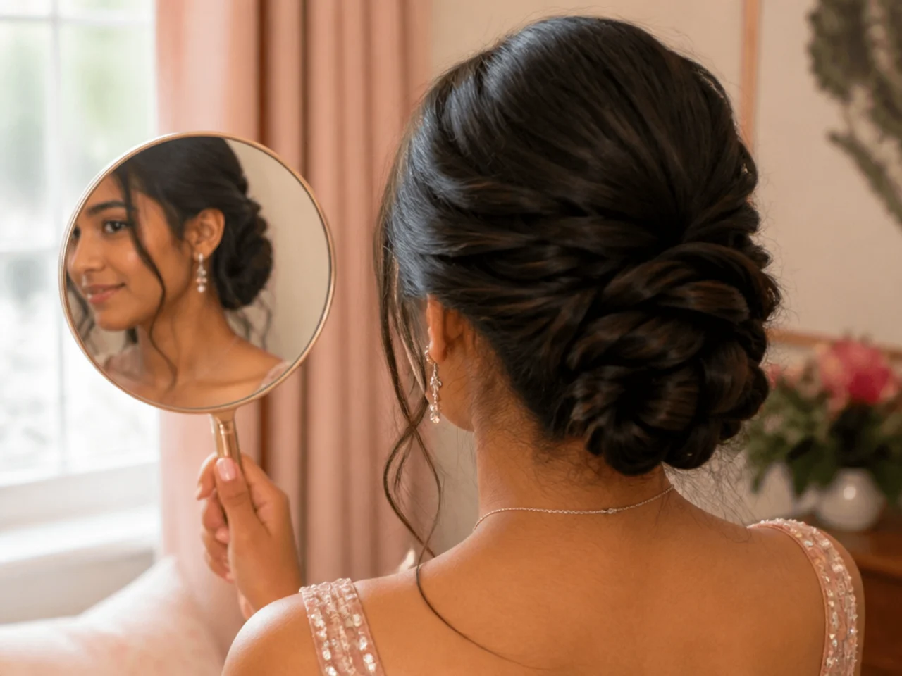 The back of a low twisted homecoming updo seen in a hand mirror