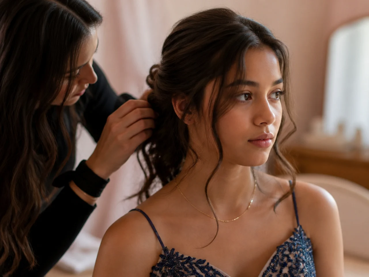 Hair being styled after the dress is already on, shoulders visible