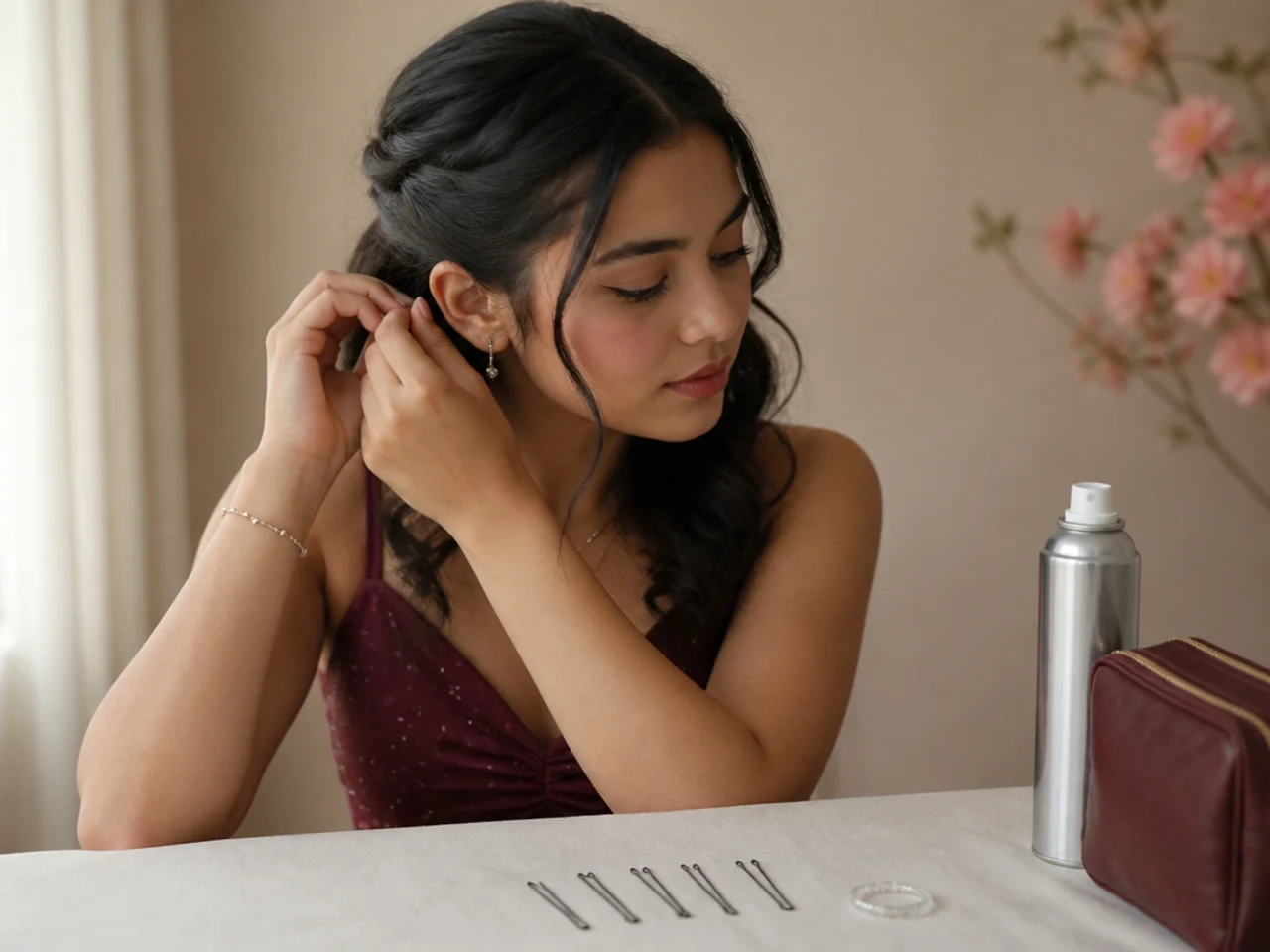 Six bobby pins, a clear elastic and a travel hairspray laid out beside a small bag