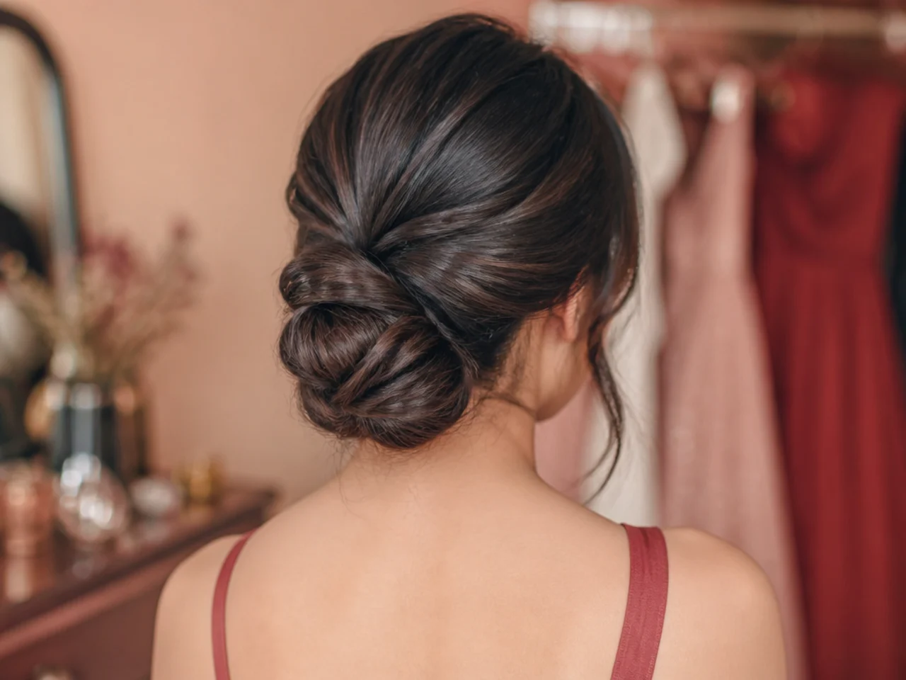 A practice run of a low twisted bun photographed from behind