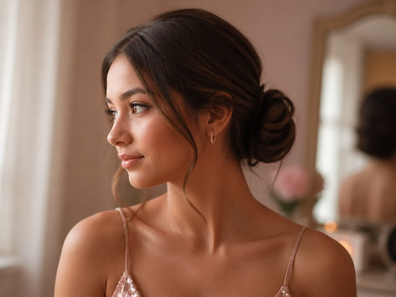 A low bun secured with a clear elastic and finished with a few tucked pins