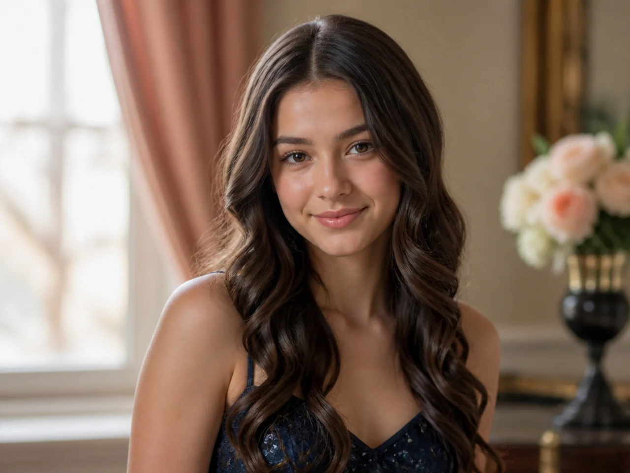 Loose curls falling away from the face on both sides of a centre parting