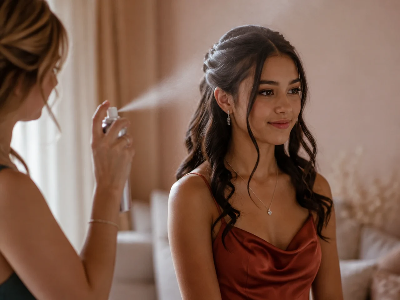 A light mist of hairspray being applied at arm length over finished curls