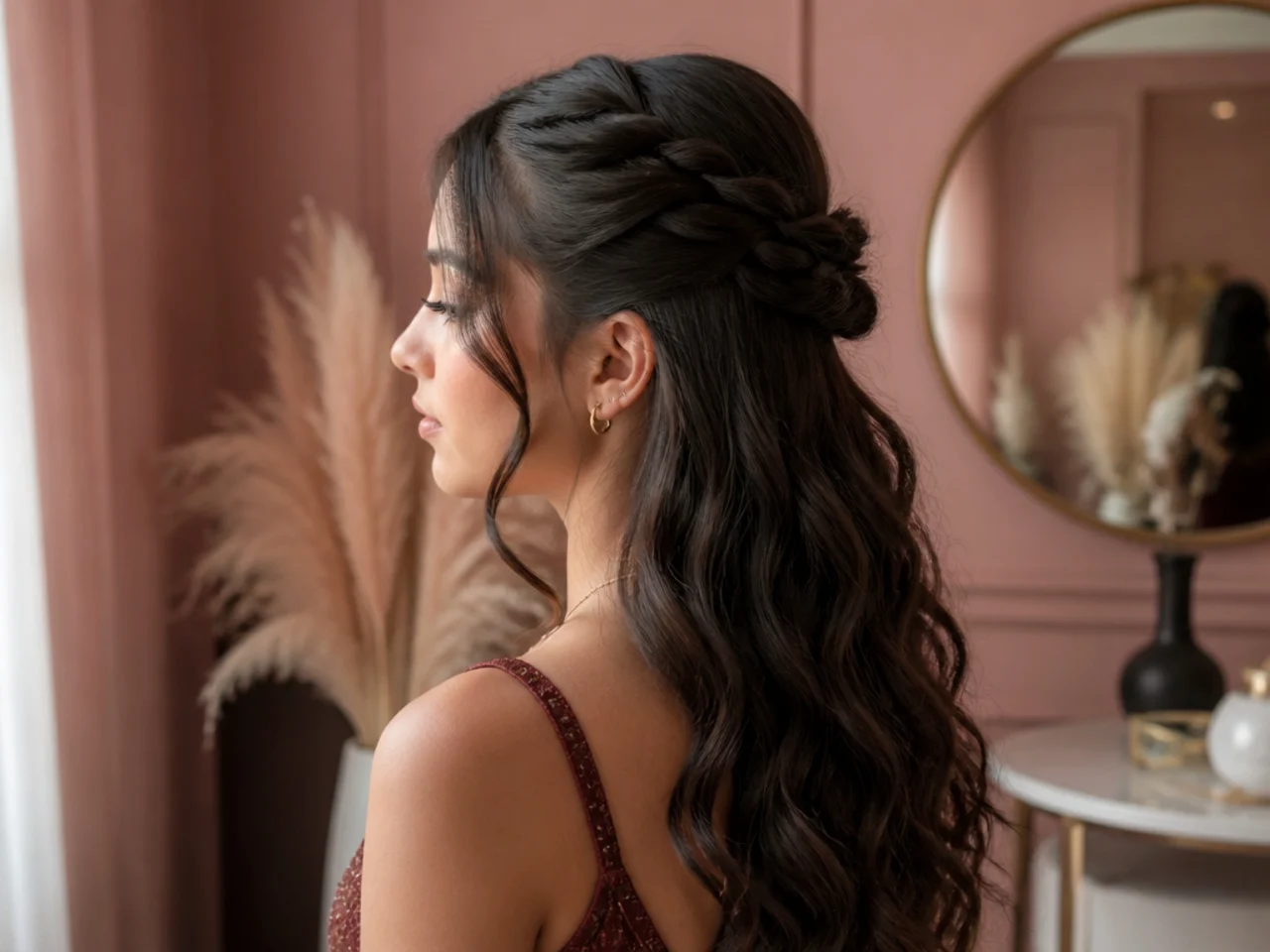 A half up homecoming style with the lower length left down and waved