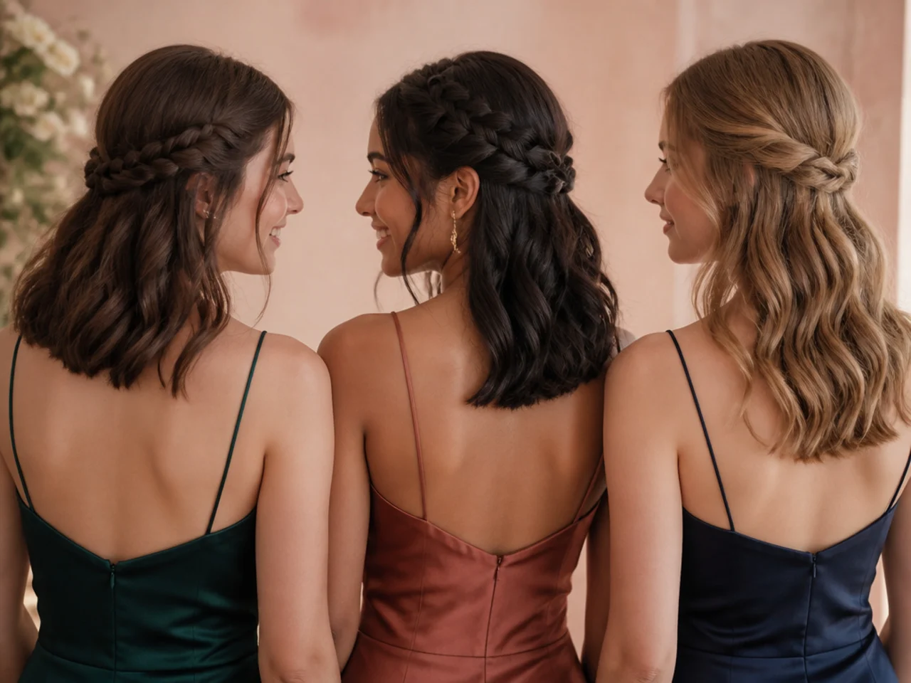 Three simple homecoming hairstyles shown side by side on medium length hair