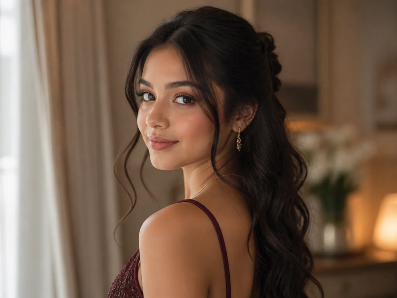 Three quarter view of a simple homecoming half up style with soft waves