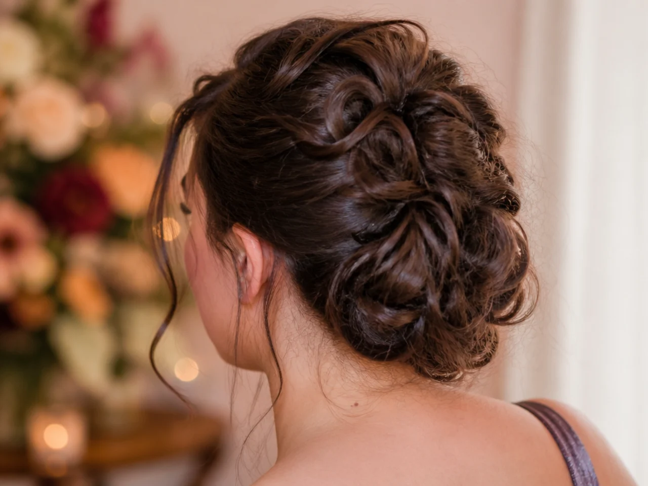 A collapsed updo with visible gaps and pins working loose at the crown