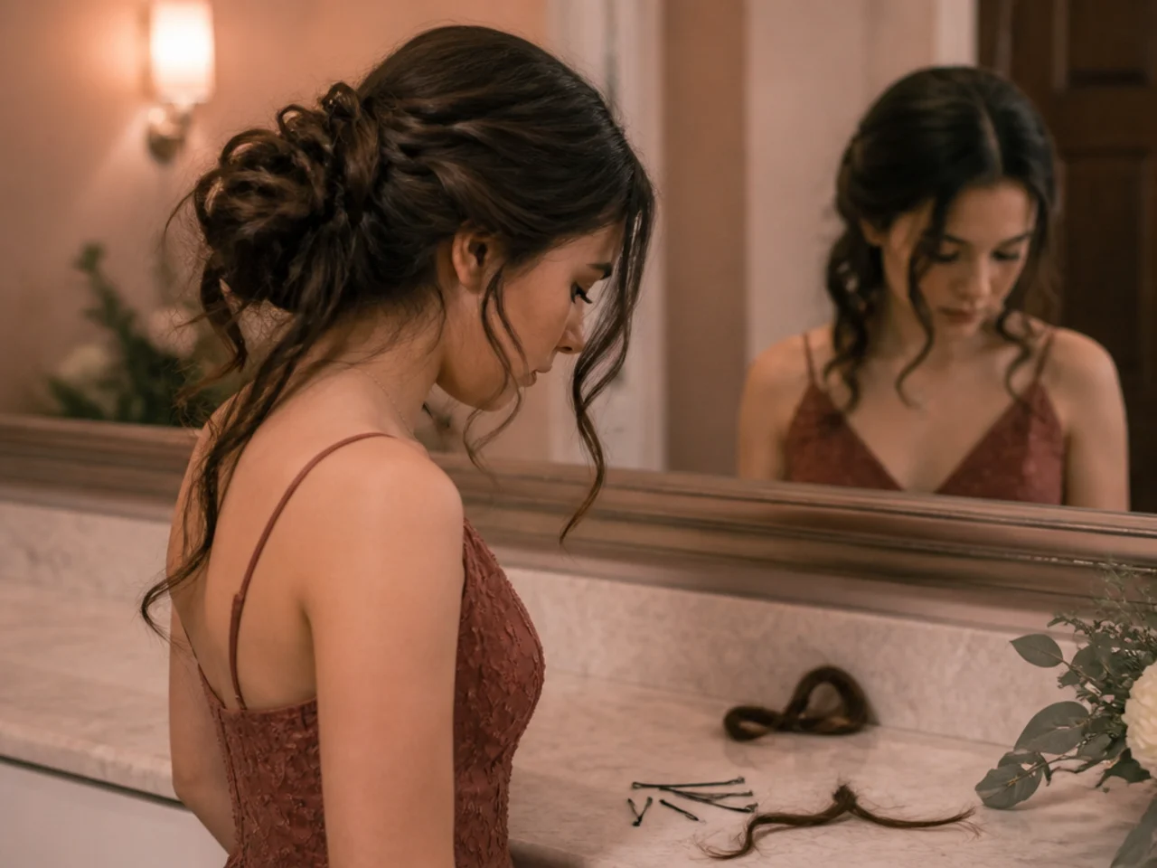 A pinned updo half collapsed with loose bobby pins lying on a counter
