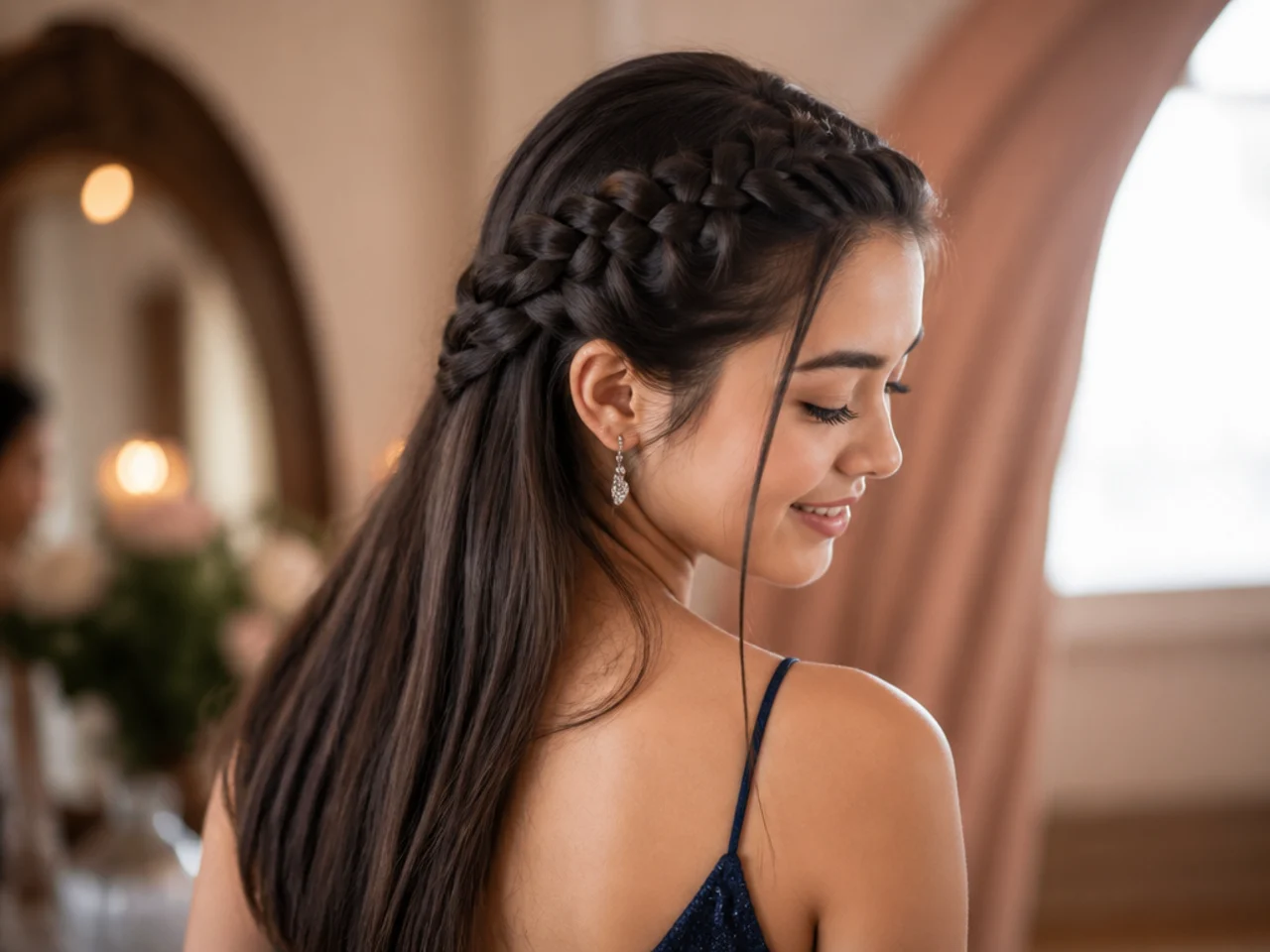 A dutch braid across the crown of straight hair releasing into loose lengths at the back