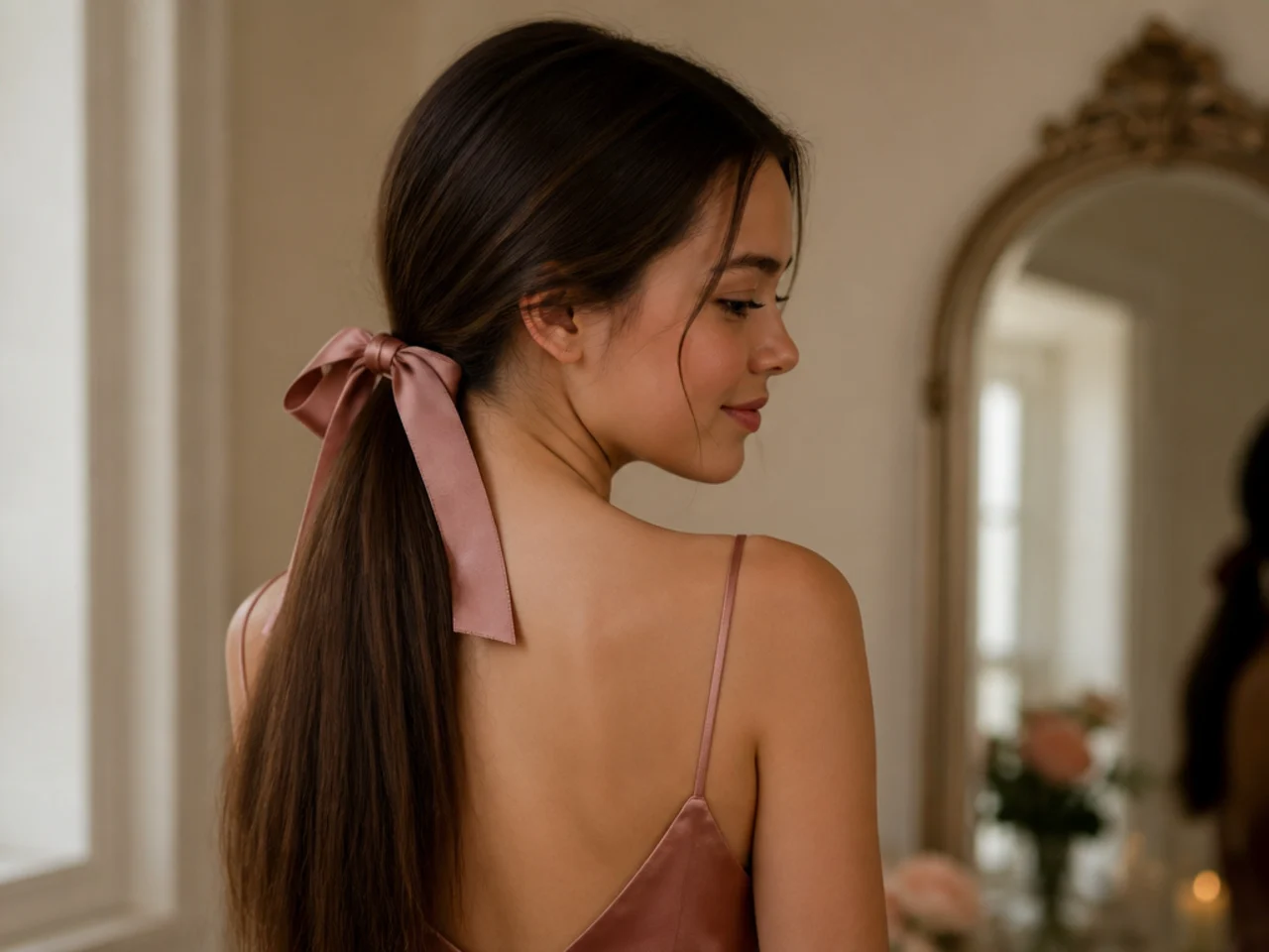 A satin ribbon tied in a bow at the base of a low ponytail on straight hair