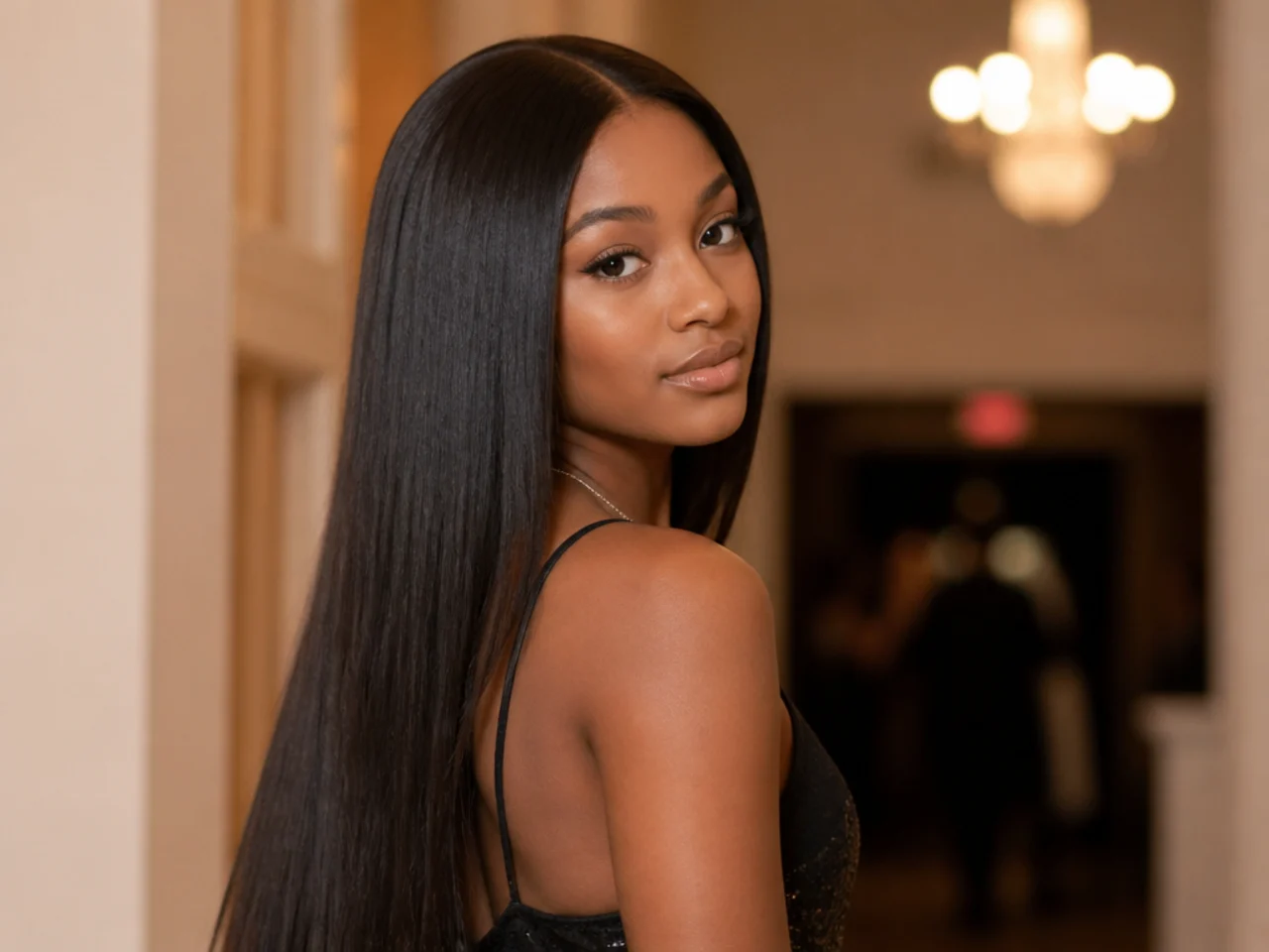 Long straight hair worn down with a centre parting and a high shine finish