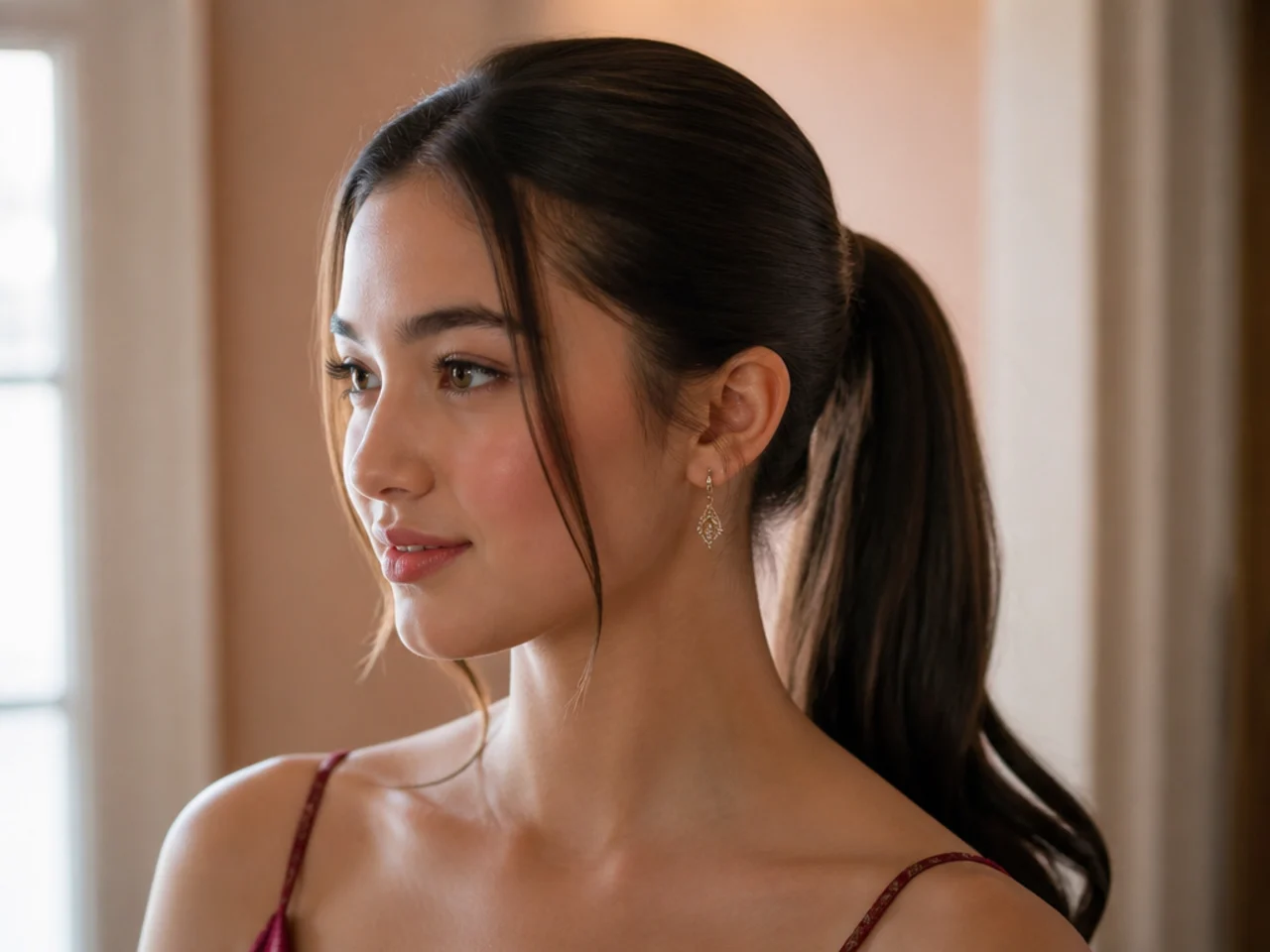 A ponytail on straight hair with two loose face framing strands at the temples