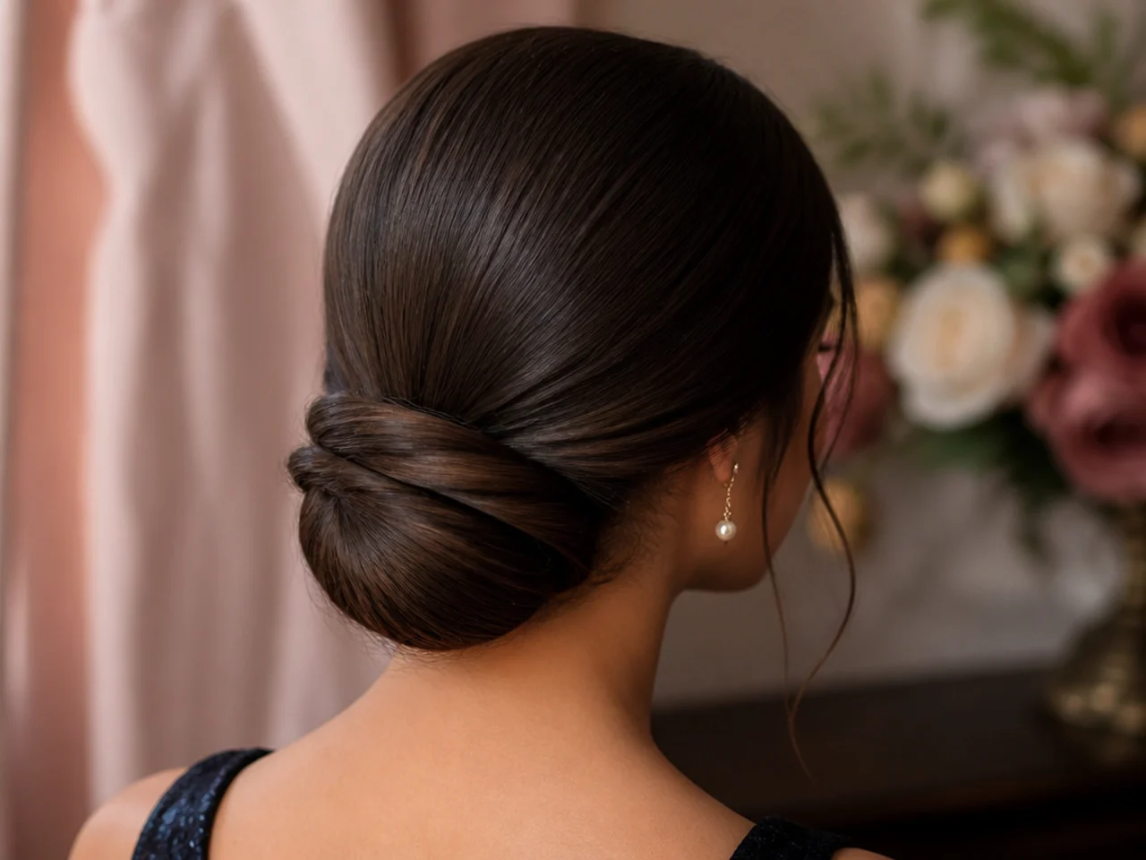 A low folded chignon at the nape of long straight hair, wide and flat