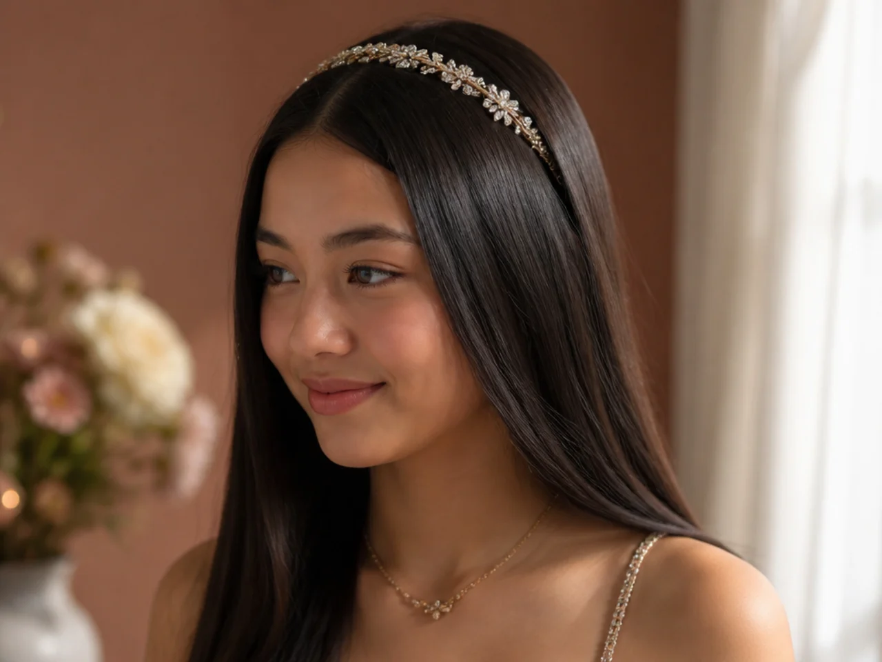 An embellished headband set back from the hairline in long straight hair worn down