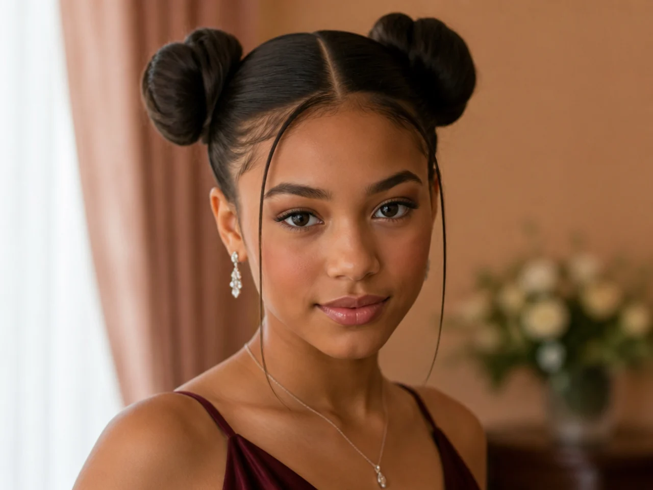 Two sleek symmetrical space buns on either side of a centre parting in straight hair