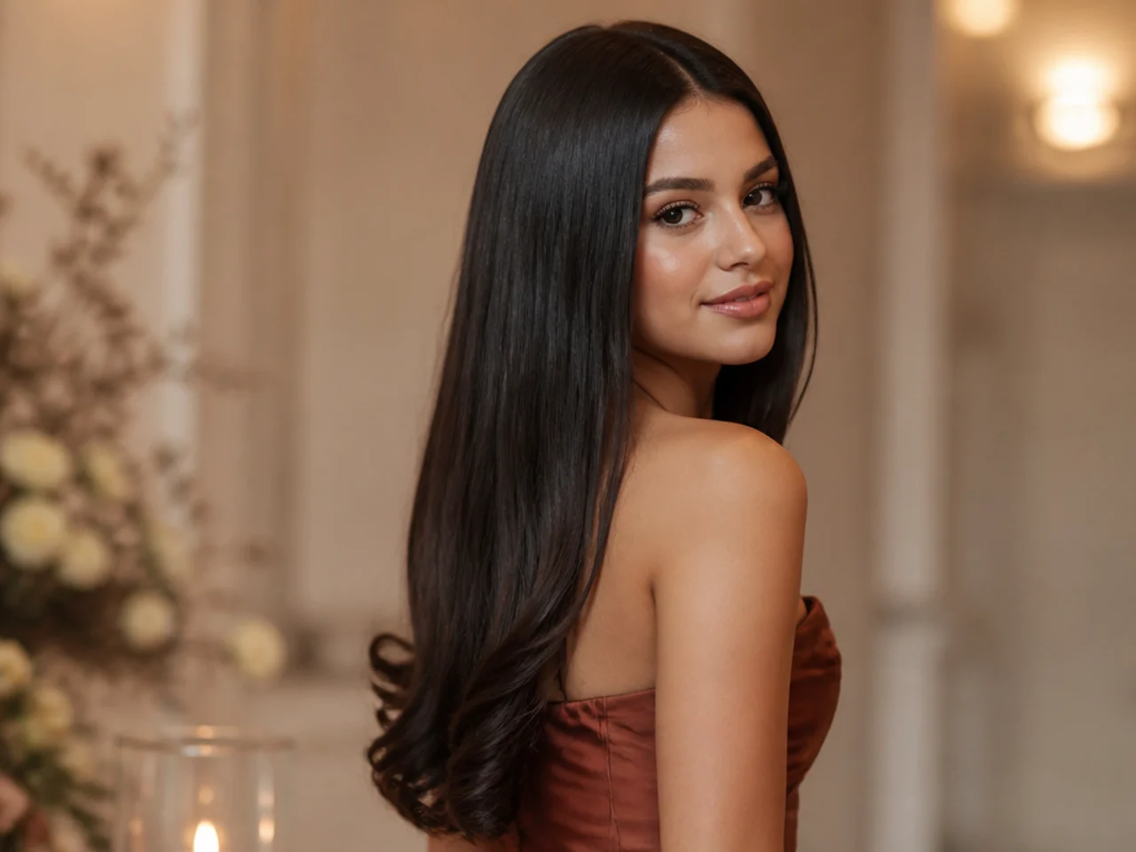 Long straight hair with only the last few inches curled into a soft bend