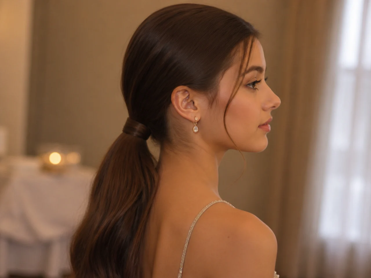 A low ponytail on straight hair with a section of hair wrapped around the base concealing the elastic